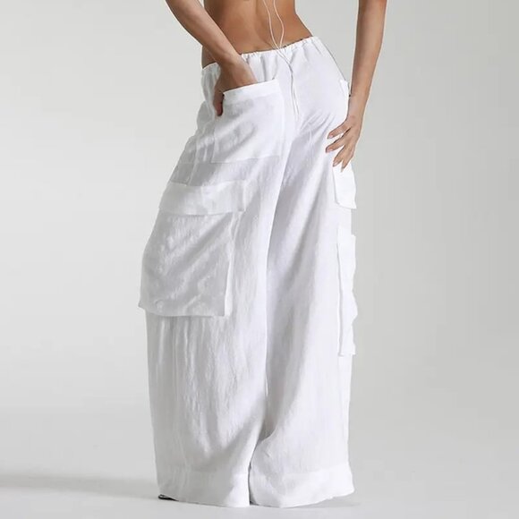 White Wide Leg Cotton Cargo Pants - Picture 3 of 5
